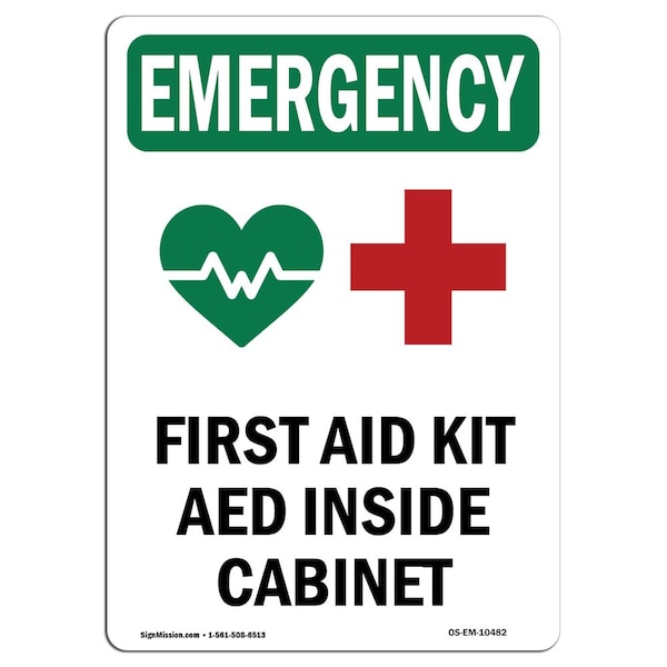 Safety Sign, OSHA EMERGENCY, 5" Height, First Aid Kit AED, Portrait, 10PK